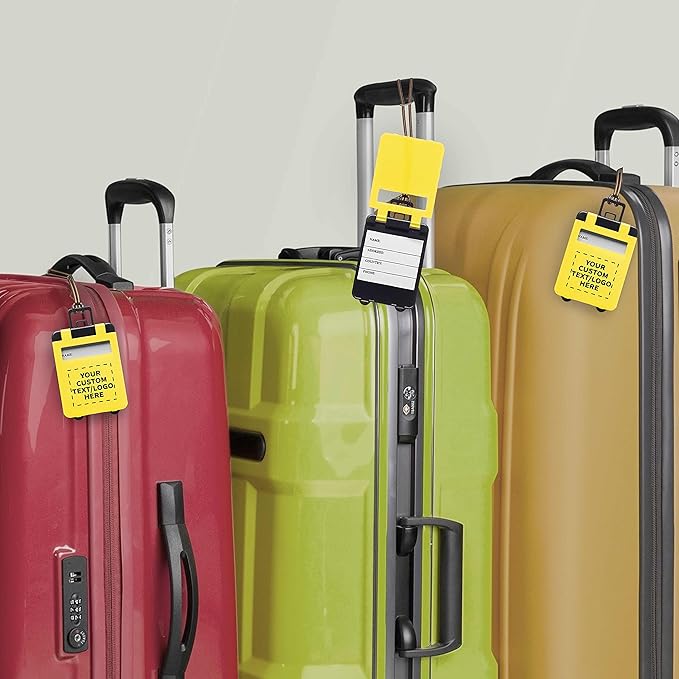 50 Mini Carry-on Luggage Tags Pack - Customizable Text, Logo - Flip Open Cover, ID Sticker - Yellow