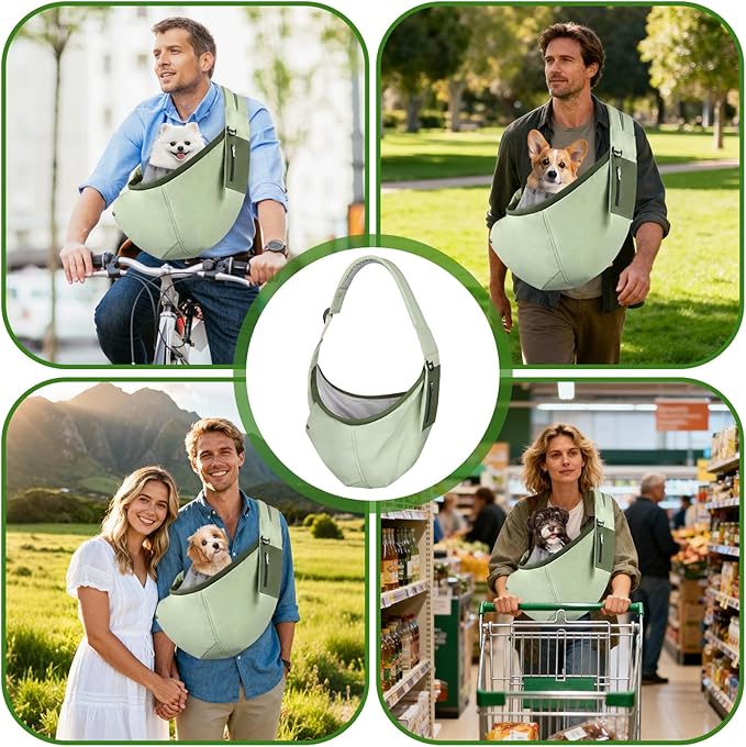 Bartuke Dog Carrier Sling, Hands Free Pet Sling Carriers for Small Dogs and Cats, Thick Padded Shoulder Strap Adjustable Dog Carriers with Storage Pocket, Water-Resistant Puppy Carrier Purse, Green