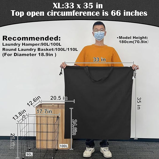 Canvas Laundry Bag 33"x 35", Thick Cotton Laundry Bag with Handles & Drawstring, Extra Large Heavy Duty Washable Basket Liner Hamper Liner Canvas Storage Sack (XL Black)