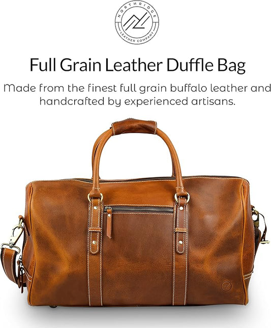 Premium Full-Grain Leather Duffle Bag for Men & Women | 20-Inch Handcrafted TSA Approved Carry-On Weekender Travel Bag with Multiple Pockets & Compartments by Northridge Leather (Tan))