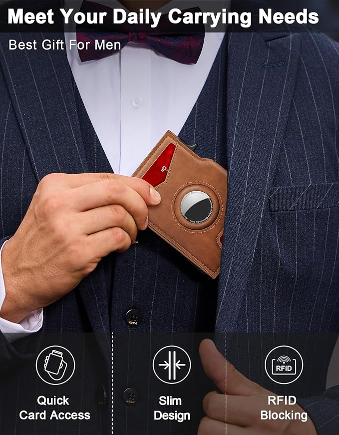 Airtag Wallet for Men, Minimalist Slim Mens Wallet Smart Pop Up Credit Card Holder for 9-13 Cards, RFID Blocking Wallet with ID Window & Cash Slot, Compact Bifold Metal Aluminum Card Case