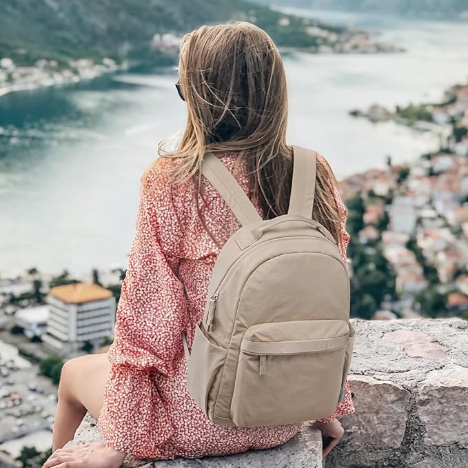 G4Free Small Nylon Backpack for Women Men, Lightweight Backpack Daypack for Travel Work Hiking, Khaki