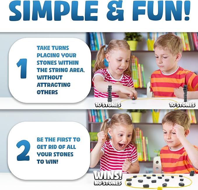 Upgraded (Multi-Level) Magnet Chess Game with String & Stones - Clear & Simple Instructions | Premium Set with 20 Larger & Stronger Stones, Adjustable Rope, 2 Dice & Travel Pouch | 3 Sets