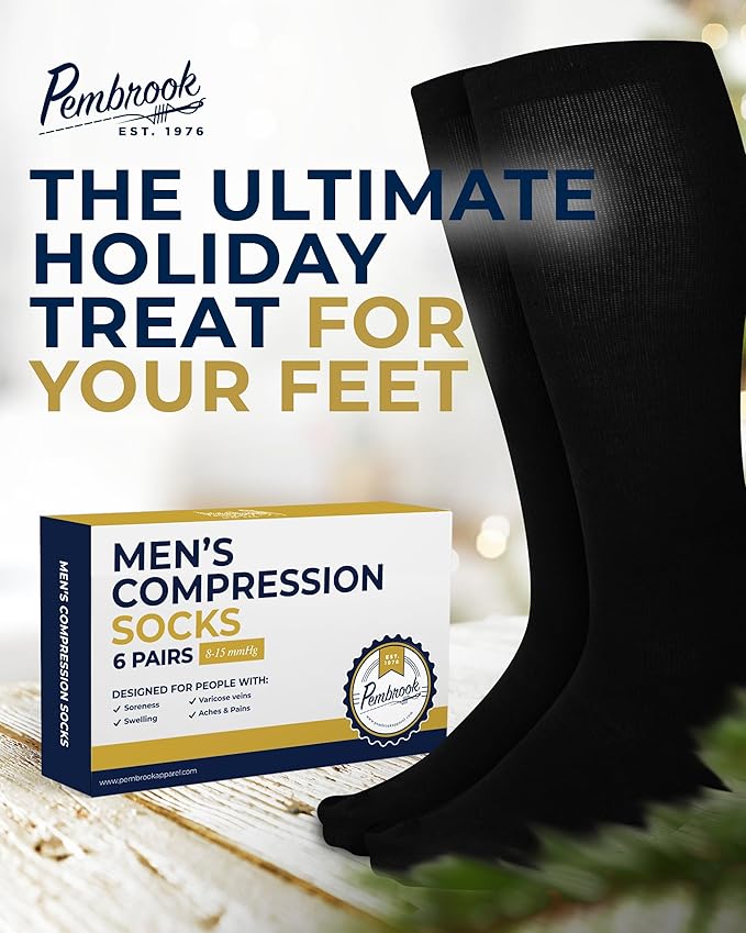 Pembrook Light Compression Socks for Men - 6 Pairs | 8-15 mmHg Graduated Compression Socks for Men 9-12 | Support Socks