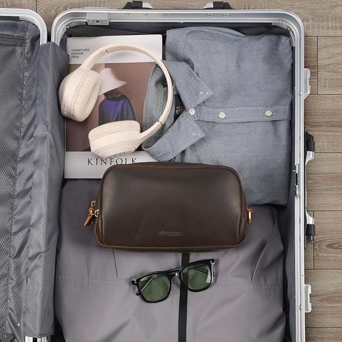 Polare Full Grain Leather Travel Electronics Organizer Case Cable Storage Carry Bag with YKK Zippers Tech Pouch for Cord, Phone, Cables, USB, SD Card, Travel Essentials