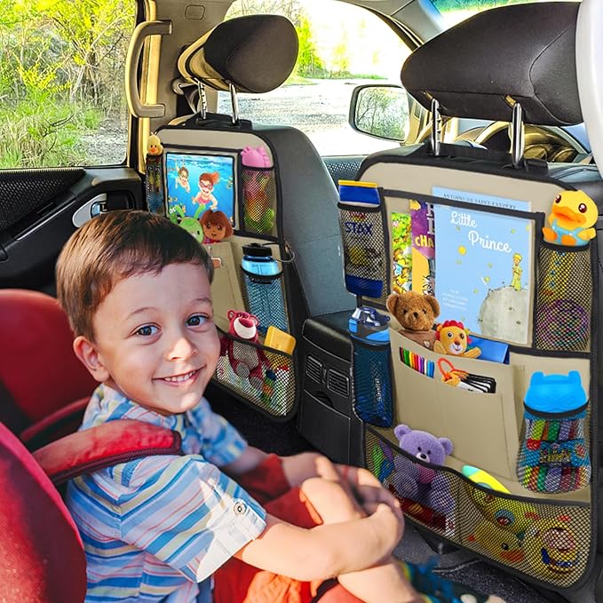 Car Backseat Organizer with 11" Table Holder, 10 Storage Pockets Seat Back Protectors Kick Mats for Kids Toddlers, Travel Accessories, 2 Pack, Beige