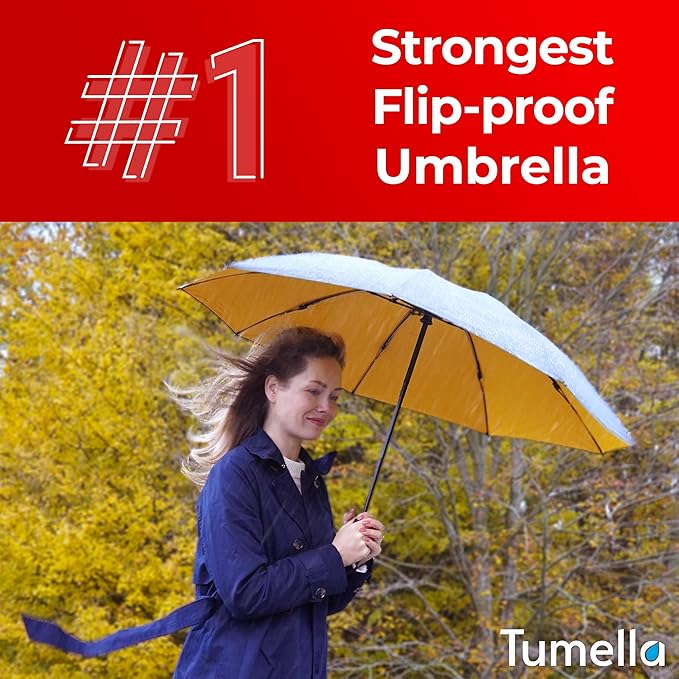 TUMELLA Flip-proof Inverted Travel Umbrella, Small Strong but Light Portable and Automatic Reverse Folding Rain Umbrella, Durable Premium Grip, Fits Car & Backpack