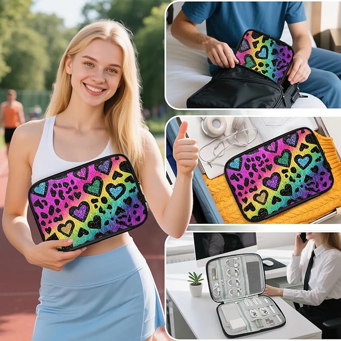 Rainbow Heart Travel Cable Organizer Pouch Colorful Leopard Print Electronics Accessories Carry Case Portable Water Resistant Storage Bag for Cord Charger Phone Earphone SD Card