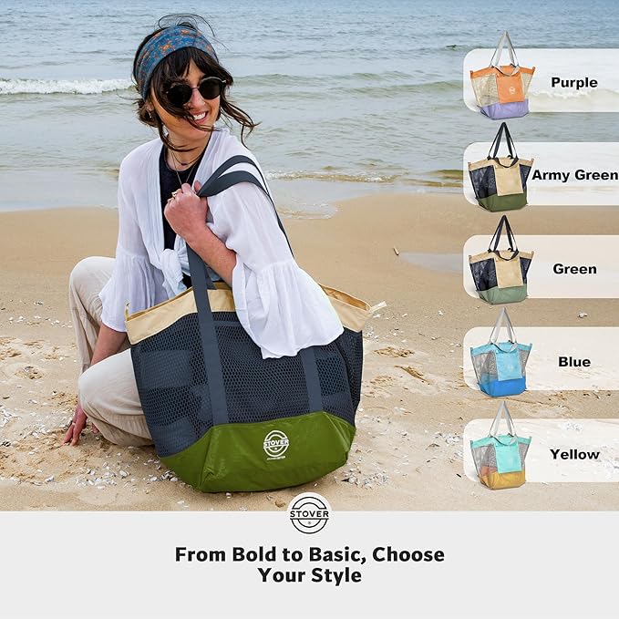STOVER Large Mesh Beach Bag, Vacation, Pool, Shopping, & Travel Tote - Foldable w/Storage Pockets for Women, Men & Families