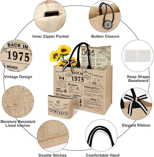 YeohJoy 50th Birthday Gifts for Women Jute Tote Bag, Vintage 1975 Burlap Bag with Cosmetic Bag and Back in 1975 Poster, Unique 50 Years Old Gifts for Mom Friends Wife Sister Her