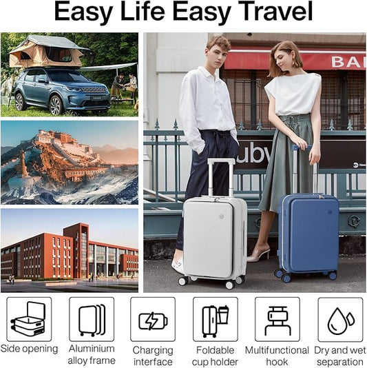 mixi Carry On Luggage with Cup Phone Holder and Charger Hard Shell Suitcases with Spinner Wheels,20 Inch Sapphire Blue