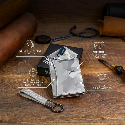 Kings Loot Money Clip Slim Minimalist Wallet for Men – RFID Blocking Leather Design with Money Clip – Front Pocket Bifold Holds 12 Cards – Stylish & Compact Wallets (Camo White/Engraved)