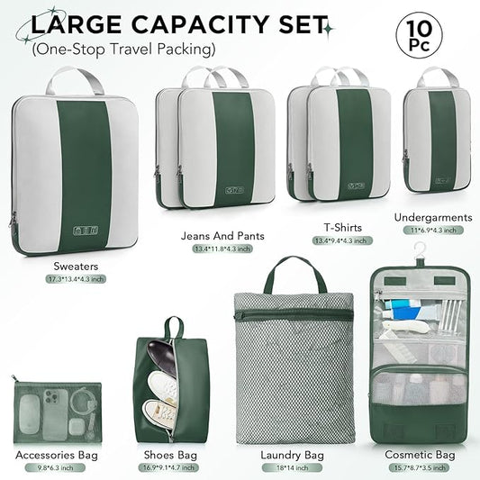 10 Set Compression Packing Cubes for Travel Essentials,Compressible Expandable Packing Cubes for Suitcase,OlarHike Luggage Organizer Bags for Travel,Handy Helper for Organizing Clothes(Dark Green)