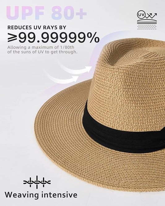 FURTALK Womens Mens Wide Brim Straw Panama Hat Fedora Summer Beach Sun Hats UPF Straw Hat for Women