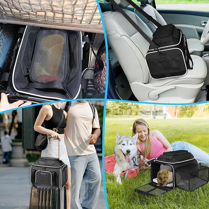 Petskd Top and Side Expandable Pet Carrier 18x13x9.5 Inches Southwest Airline Approved, Soft-Sided Carrier for Small Cats and Dogs with Locking Safety Zippers and Anti-Scratch Mesh(Black)