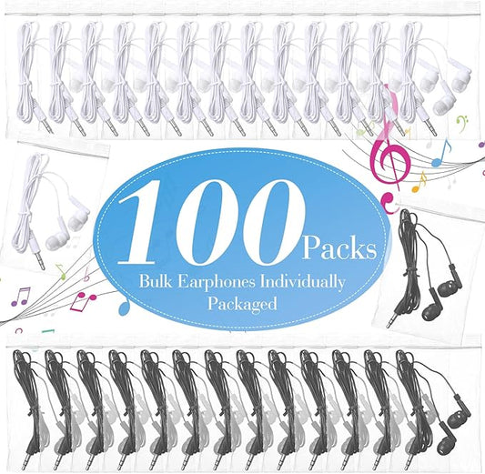 Kanayu 100 Packs Earbuds Bulk Basic Student Earphone Individually Bagged 3.5 mm Headphones for Schools Classrooms Library Teens Gift(Black, White)
