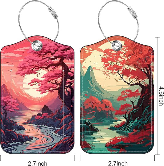 2 Pack Luggage Tag for Suitcase Japanese Sakura Tree Mountains Sunset Leather Suitcase Tags with Privacy Name ID Label and Stainless Steel Loop for Travel Bag