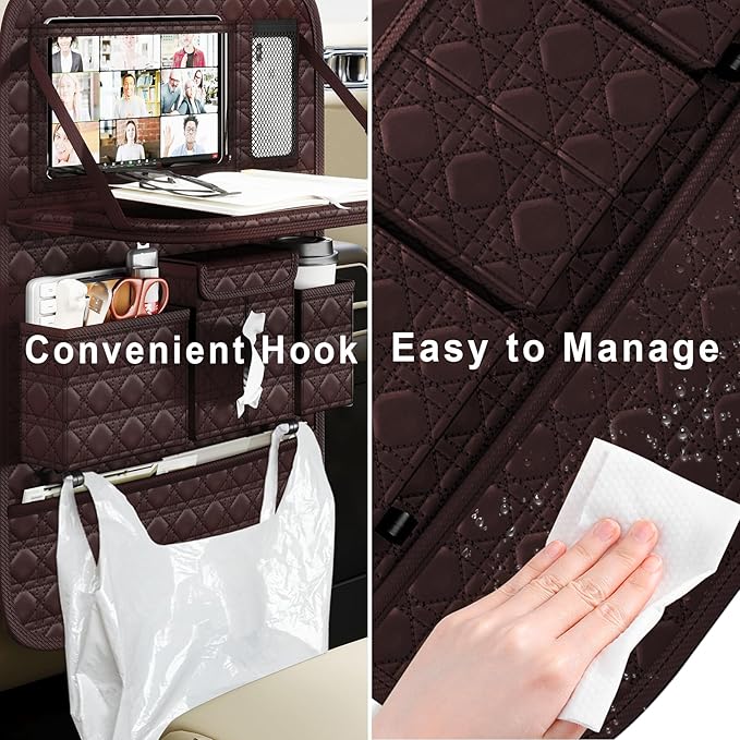 GMQ Backseat Car Organizer 1 Pack, Car Back Seat Organizers with Tray,Multifunctional Car Seat Back Organizer with Foldable Tablet Holder (Coffee Brown, 1 PC)