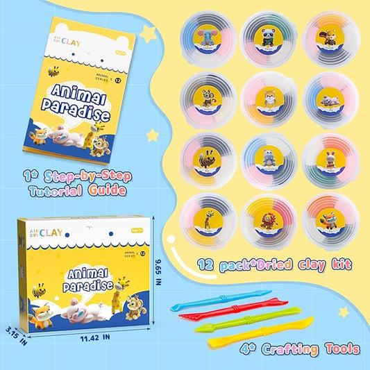 Air Dry Clay Kits, Modeling Clay for Kids with Sculpting Tools and Tutorials, Modeling Magic 12 Animals Arts Crafts Kits, Safe and Non-Toxic DIY Christmas Gift for Kids Toys for Girls