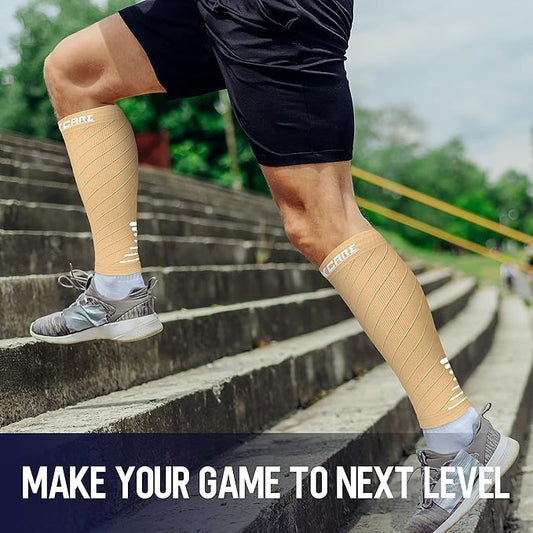 Thoxcare Calf Compression Sleeve for Men Women (2 Pairs), Leg Support Footless Compression Socks for Running - Shin Splint Varicose Veins Swelling & Pain Relief, Beige/White, Small