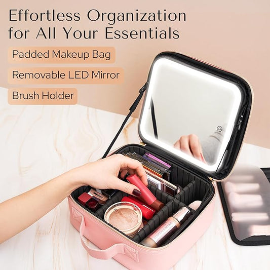 Makeup Bag with LED Mirror โ Travel Cosmetic Organizer with Lighted Mirror, Adjustable Dividers & Brush Holder Storage โ Portable PU Leather Makeup Case for Women & Girls - Pink