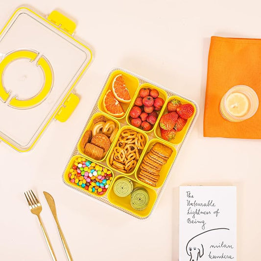 Patent Divided Serving Tray with Lid & Handle - Snackle Box Organizer for Charcuterie, Veggies, Fruits, Candy - Portable Food Storage for Travel, Beach, Picnics(1 pcs, Yellow)