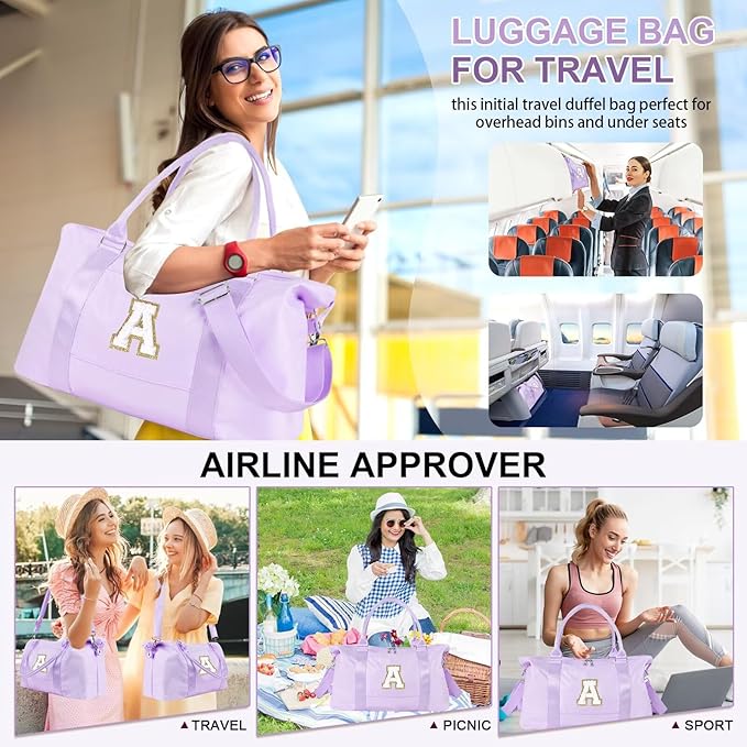 Dance Gym Duffel Bag for Teen Girls, Personalized Initial Travel Weekender Bag,Cute Overnight Carry On Duffle for Women,Sports Travel Cheer Bag,Monogram Christmas Gifts for Tween Preppy(purple-A)