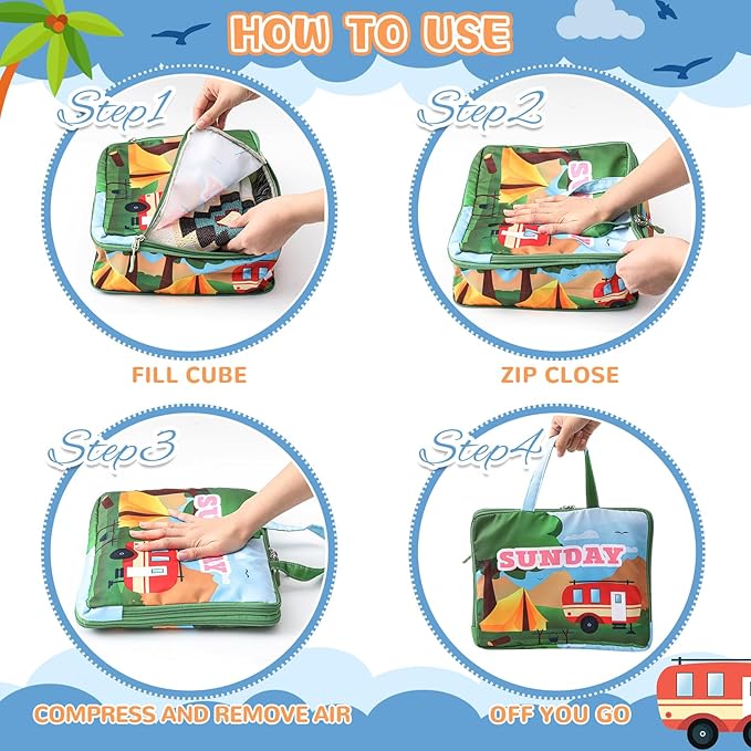 Paterr 7 Pcs Days of Week Packing Cubes Compression Packing Cubes for Kids Summer Camp Travel Daily Outfit Suitcase Organizers Zippered Storage Bag for Cruise Vacation Essentials (Camping)