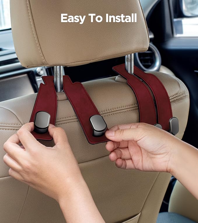 AMINOR 2 Pack Car Seats Hooks for Headrest, 2-in-1 Premium Leather Car Headrest Hanger with Metal Hooks, Car Seat Back Storage Hooks for Purses, Handbags, Phone (Wine)