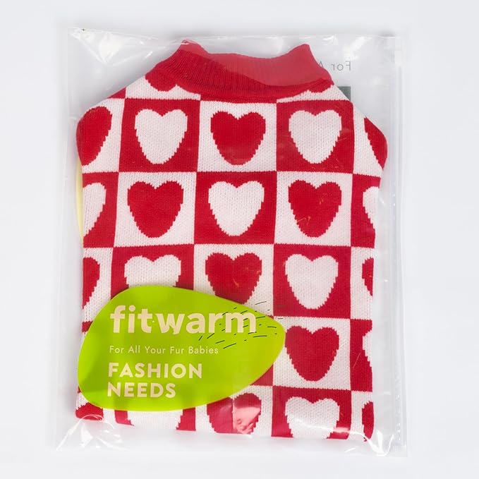 Fitwarm Checkered Heart Dog Sweater, Cozy Valentines Outfit for Small Dogs Girl, Festive Pet Clothes, Red, White, Large