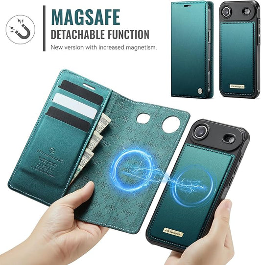 PlusnapX Wallet Case for iPhone Air Compatible with Magsafe, 2-in-1 PU Leather Flip RFID Blocking Card Holder Stand ShockAirof Magnetic Detachable Cover for iPhone 17 Air Case 6.5", Bluegreen