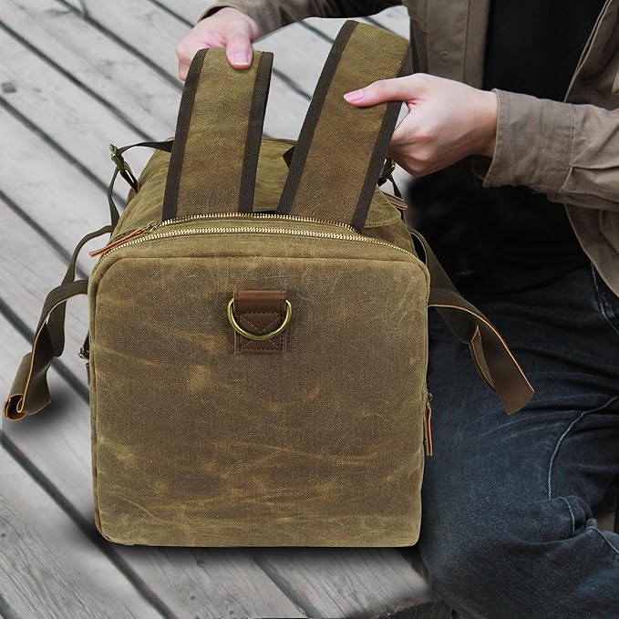 60L Travel Bags for Men, Nomad Washed Canvas Duffle Bag Vintage Genuine Leather Travel Duffel Bag Multifunctional Weekender Overnight Backpack with Shoes Compartment