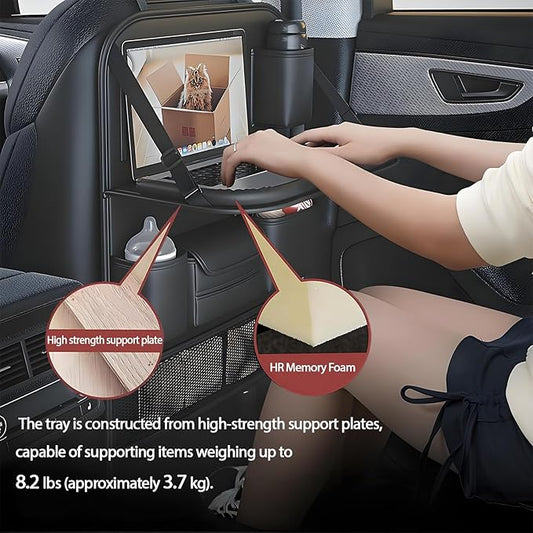 FASTAGEI 2 Pack Universal Foldable Car Backseat Organizer with Table Tray, Car Seat Back Protector with Touch Screen Phone Holder, Premium Leather Kick Mats with Storage Pockets Tissue Box (Black)