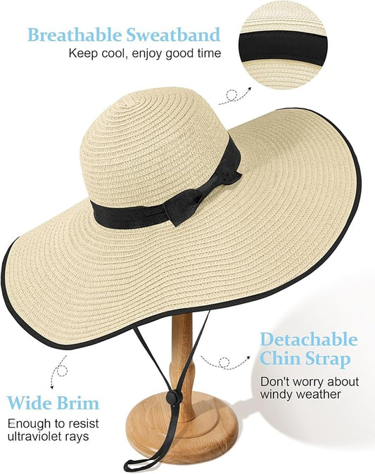 Senker Fashion Sun Hats for Women Oversize Wide Brim Straw Beach Hat Floppy Foldable Roll-Up Summer Vacation UPF 50+