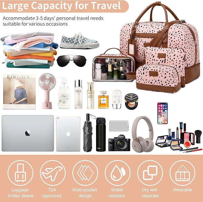 Wogarl Weekender Bags for Women Large Canvas Overnight Bag Travel Duffel Bags Carry on Shoulder Weekend Bag with Shoe Compartment for Travel Night Flight Daily Use