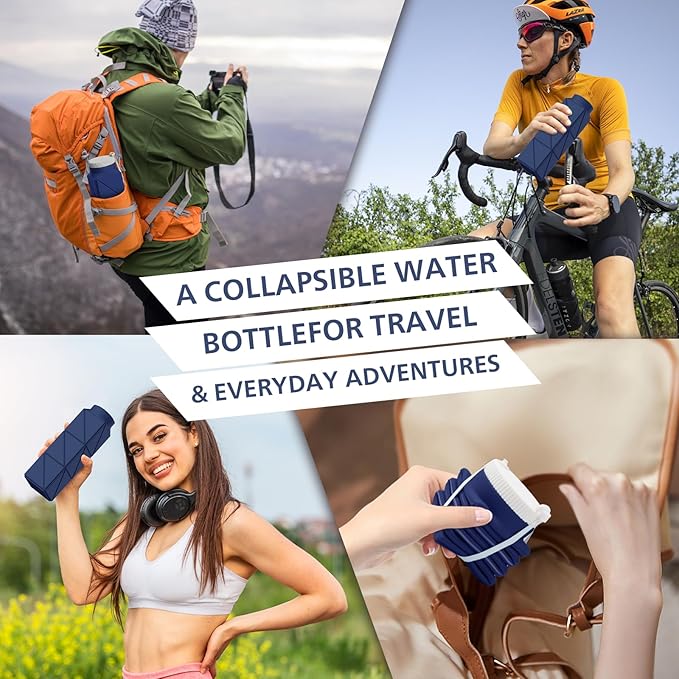 610ml Collapsible Water Bottles Upgrade Foldable Water Bottle BPA Free Reusable Lightweight LeakProof Silicone Water Bottles 20.6oz for Travel Hiking Office Camping Outdoor Sport Dark Blue