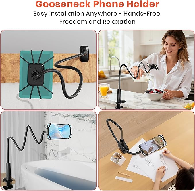 Gooseneck Kindle Holder for Reading in Bed, 360° Adjustable Cell Phone Stand for Desk, Flexible Lazy Arm Mount Clamp,Kindle Paperwhite Stand Accessories,Compatible with 4-8 Inches Device