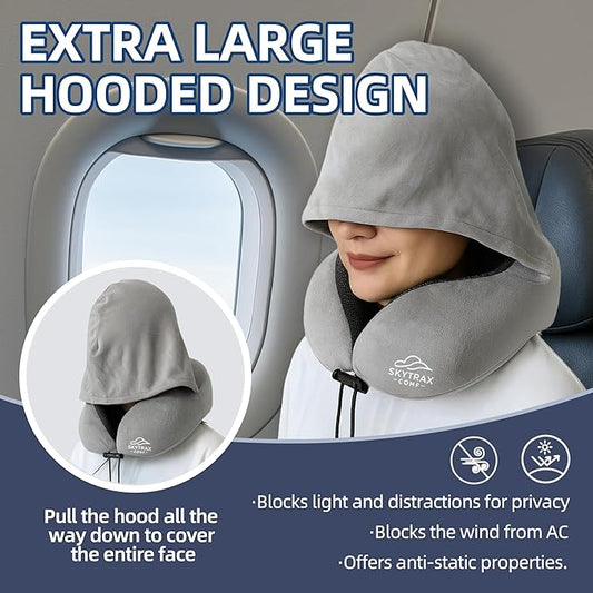 Travel Pillow with Extra Large Hood for Airplane Long Flights Privacy and Comfort Memory Foam with Velvet Cover for Road Trip Head&Neck Support for Plane Office Cars Sleeping & Rest (Light Grey)