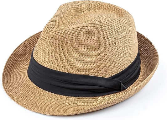 DRESHOW Women Straw Panama Hat Travel Fedora Beach Sun Hat Summer Wide Brim Straw Roll up Hat UPF 50+
