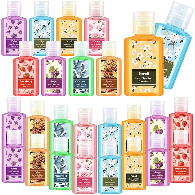 Frienda 24 Pack Mini Scented Hand Sanitizer Bulk Perfume Gel Hand Sanitizer Scented 1 oz Pocket Portable for Teacher Nurse Staff Christmas Stocking Stuffers Homeless Care Package Supplies