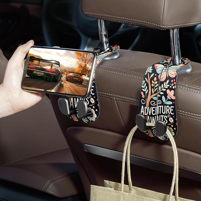 CoBak Purse Hook for Car - Universal Premium Stitched Leather and Aluminum-Magnesium Alloy Double Car Seat Back Storage Hook for Purses, Handbags, Bags (2 Pack),Wander Bloom