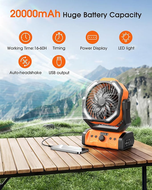 Portable Rechargeable Camping Fan - 20000mAh Cordless Battery Powered Tent Fans with LED Lantern, Remote Auto Oscillating USB C Table Operated Ventilador for Travel Outdoor Beach