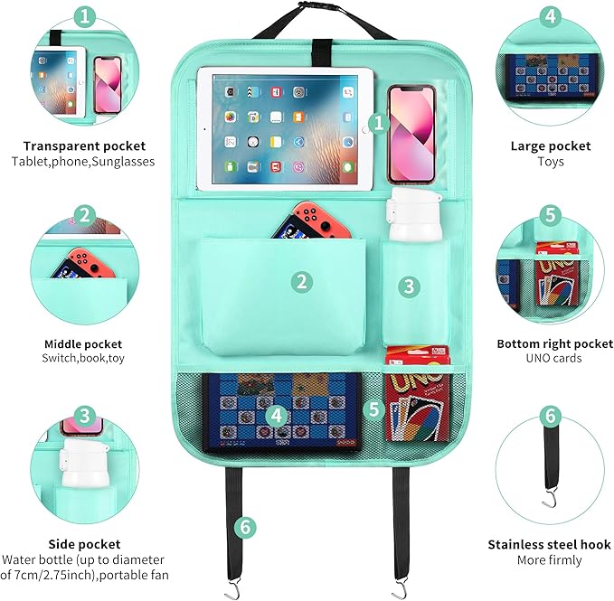 LUCMO Car Backseat Organizer with Tablet Holder,6 Storage Pockets Car Storage Organizer with Foldable Food Tray,Seat Protectors Kick Mats Travel Accessories-Light Blue