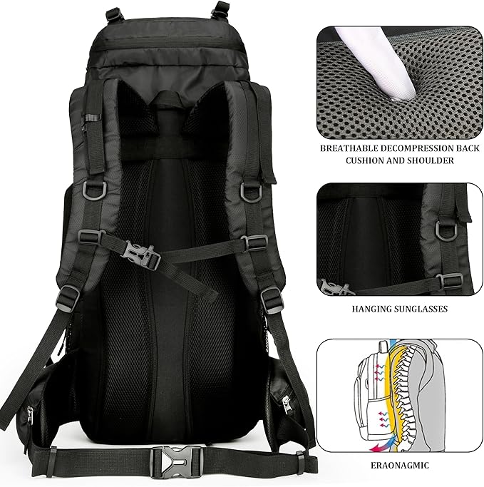 75L Hiking Backpack with Rain Cover Waterproof Camping Backpack Shoes Warehouse for Men Women, Frameless