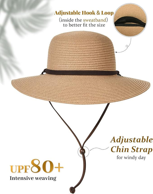FURTALK Womens Wide Brim Sun Hat with Wind Lanyard UPF Summer Straw Sun Hats for Women