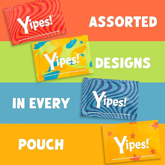 Yipes! Kids Face and Hand Wipes | Compostable Wet Wipes for Sensitive Skin | Individually Wrapped | Classroom Must Haves | Travel Essentials | For Backpacks, Lunchboxes, Classroom Supplies | 4 pack