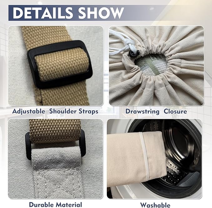 Canvas Laundry bag, Washable Laundry backpack, Adjustable Straps, Large Front Pocket, Drawstring Closure (BEIGE, XX-Large)