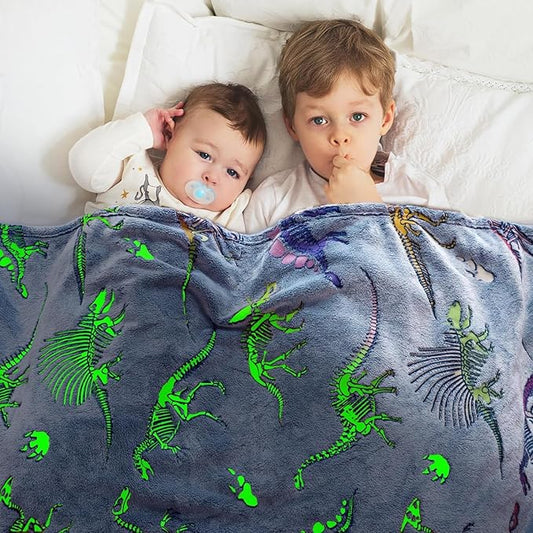 Glow in The Dark Dinosaur Blanket - Soft Warm Plush Kids Cute Dino Throw Blankets for Couch, Luminous 80"x60"