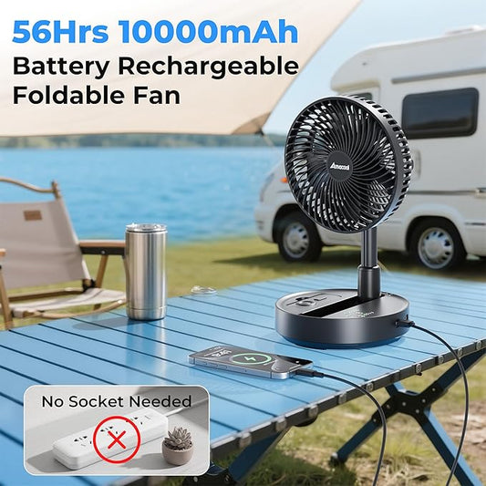 AMACOOL 8'' Foldable Oscillating Fan, 10000mAh Battery Operated with Remote & Timer, Height Adjustable Portable Standing Fan, Quiet USB Output for Camping RV Picnic Home Office Outdoor