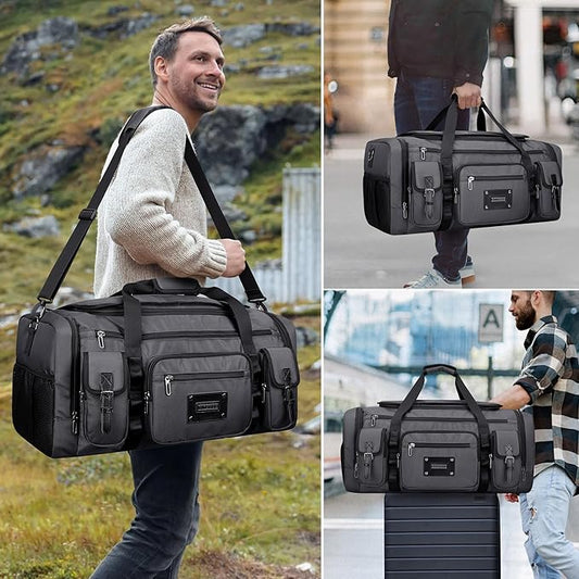 WITZMAN Duffle Bag for Men Large Carry On Weekender Bag 54L Nylon Duffle Gym Bags for Travel with Shoes Compartment(B717 Silvery Grey)